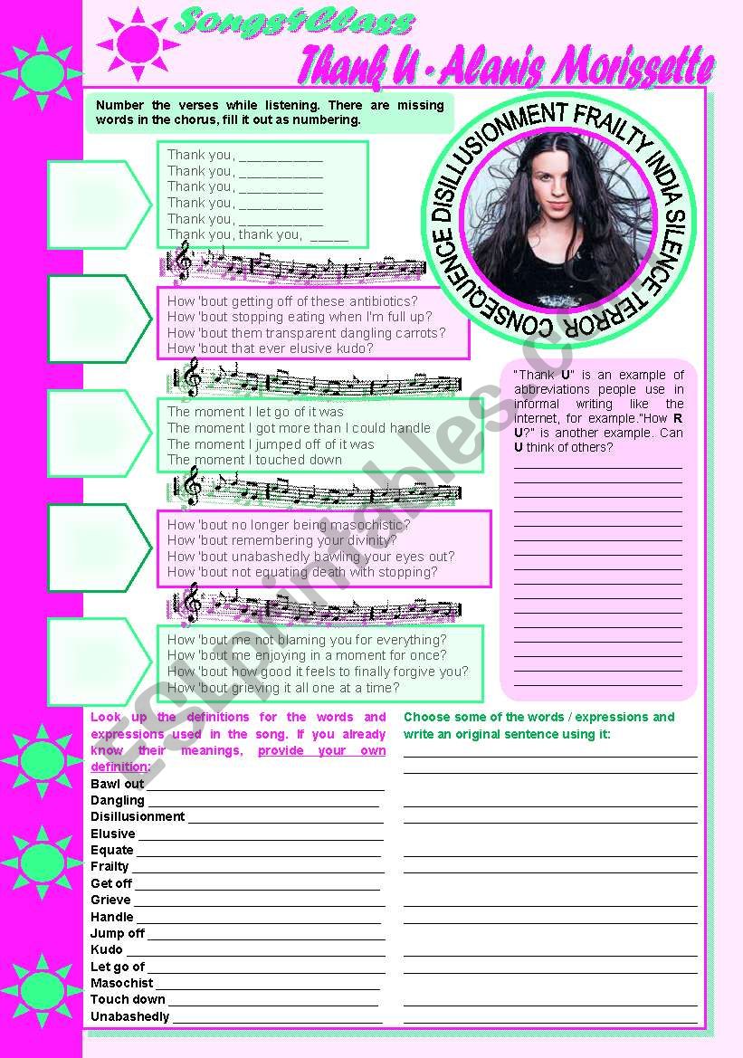 Songs4Class: Thank U  Alanis Morissette (listening, vocabulary, abbreviations, giving suggestions, -ing after prepositions, prepositions practice) [9 tasks] KEYS INCLUDED ((3 pages)) ***editable